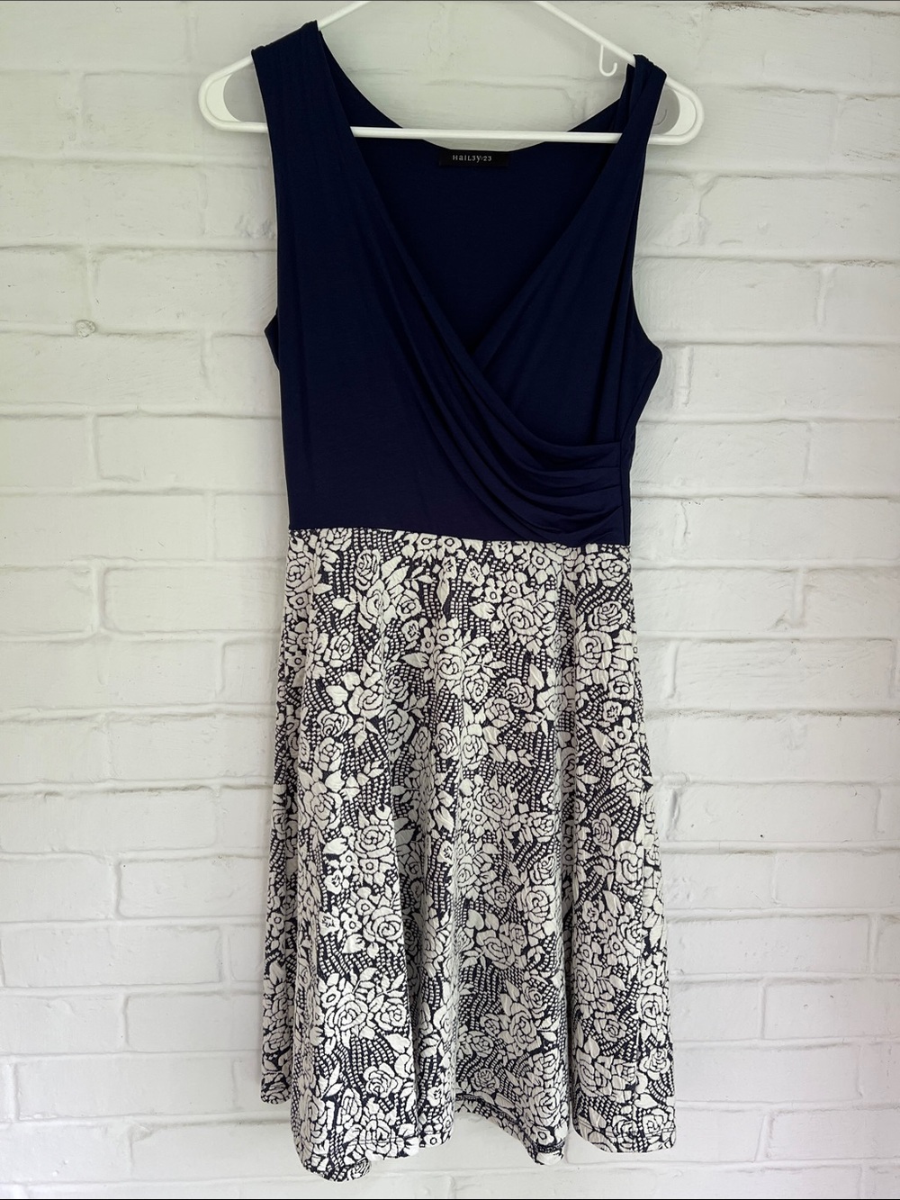 Navy and White Floral Midi Dress with Draped Bodice